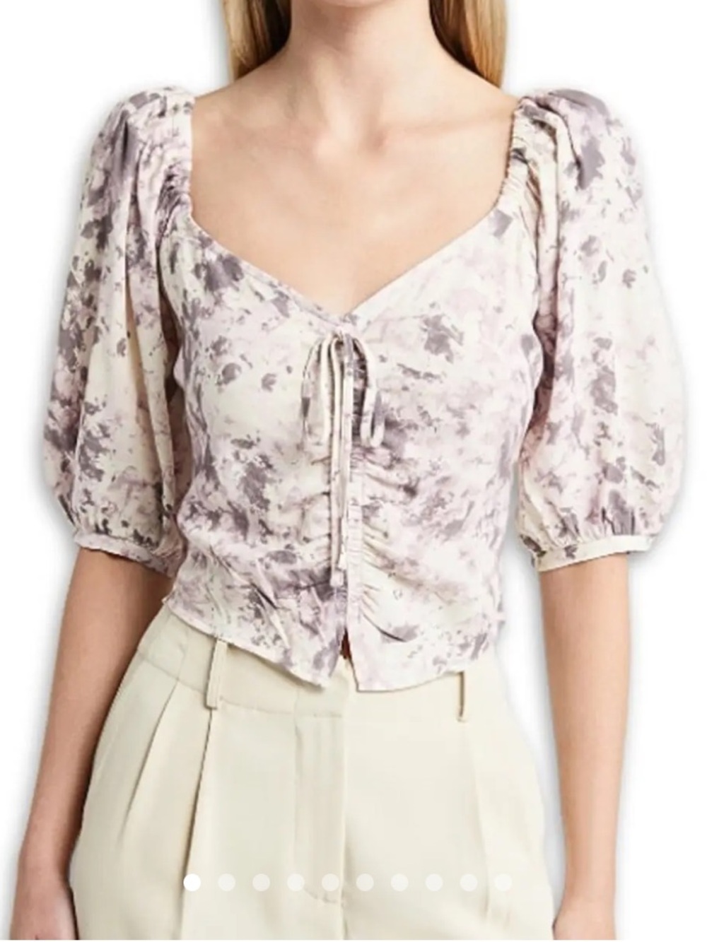 Open Edit Nordstrom Tie Front Puff Sleeve Blouse In Ivory- Grey Q Camp